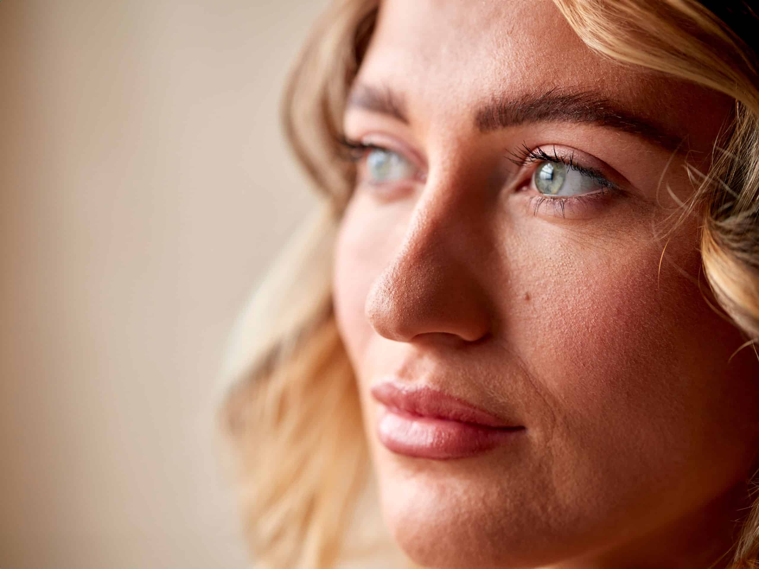 studio portrait shot face and eyes of confident natural
